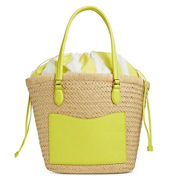 On 34th Isabellaa Women's Straw Medium Drawstring Tote Lime Stripe (MSRP $130) - Picture 1 of 8